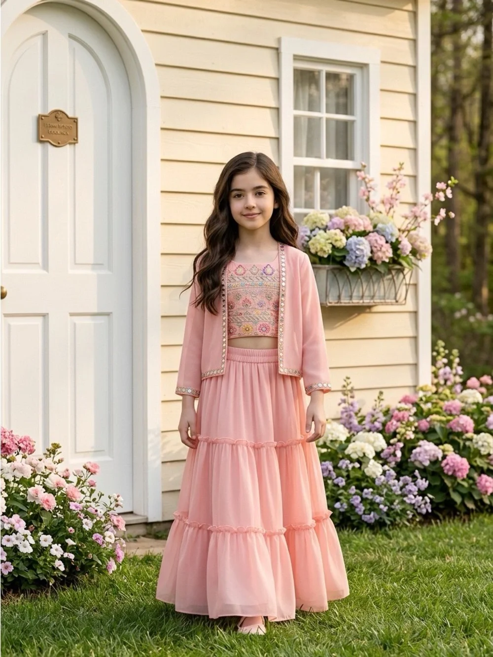 Ethnic Indian Wear Girls' Pink Tiered Tulle Dress with Embellished Jacket